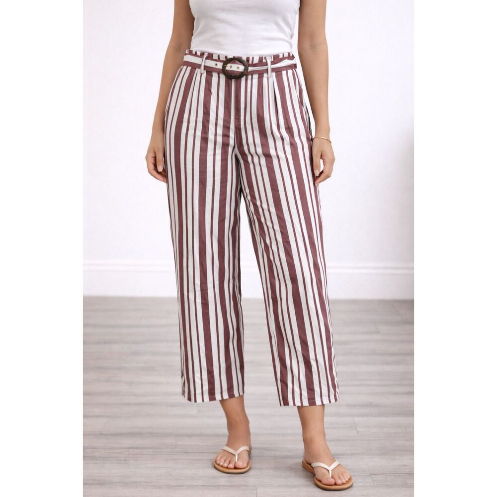 Linen Blend Wide Leg Pants Romeo + Juliet Couture Stripe Belted L